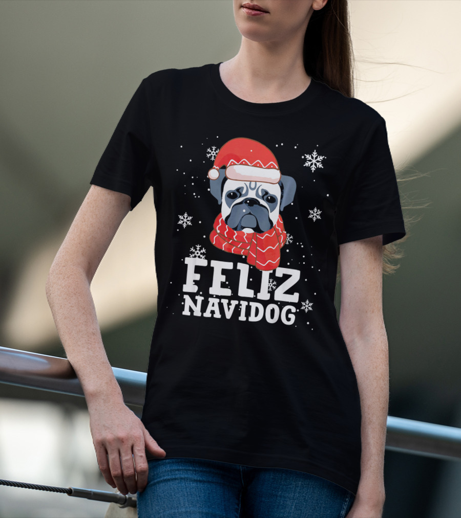 Feliz Navidog Pug Dog With Santa Hat And Scarf Snowflakes T-Shirt
