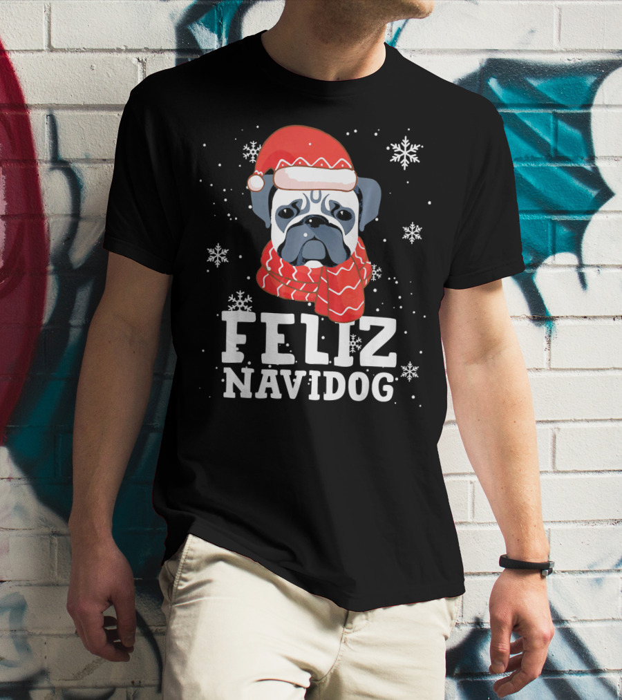 Feliz Navidog Pug Dog With Santa Hat And Scarf Snowflakes T-Shirt