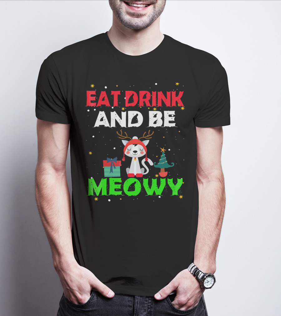 Eat Drink And Be Meowy Cat With Reindeer Antlers Holiday Motif T-Shirt