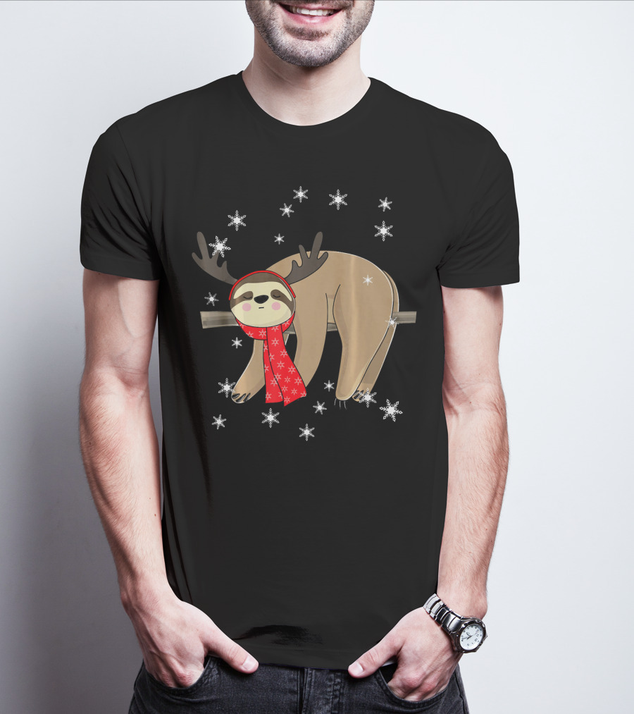 Funny Christmas Sloth Cute Sloth With Antlers And Red Scarf Surrounded By Snowflakes T-Shirt