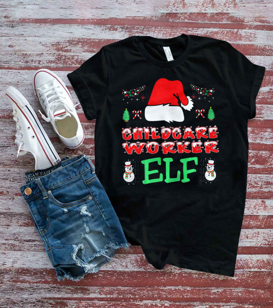 Childcare Worker Elf Santa Hat Candy Canes Snowmen Christmas Trees T-Shirt