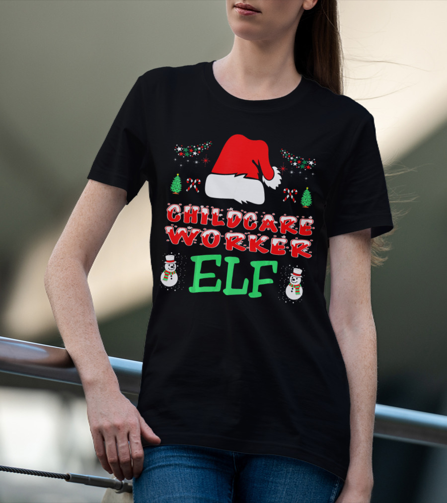 Childcare Worker Elf Santa Hat Candy Canes Snowmen Christmas Trees T-Shirt