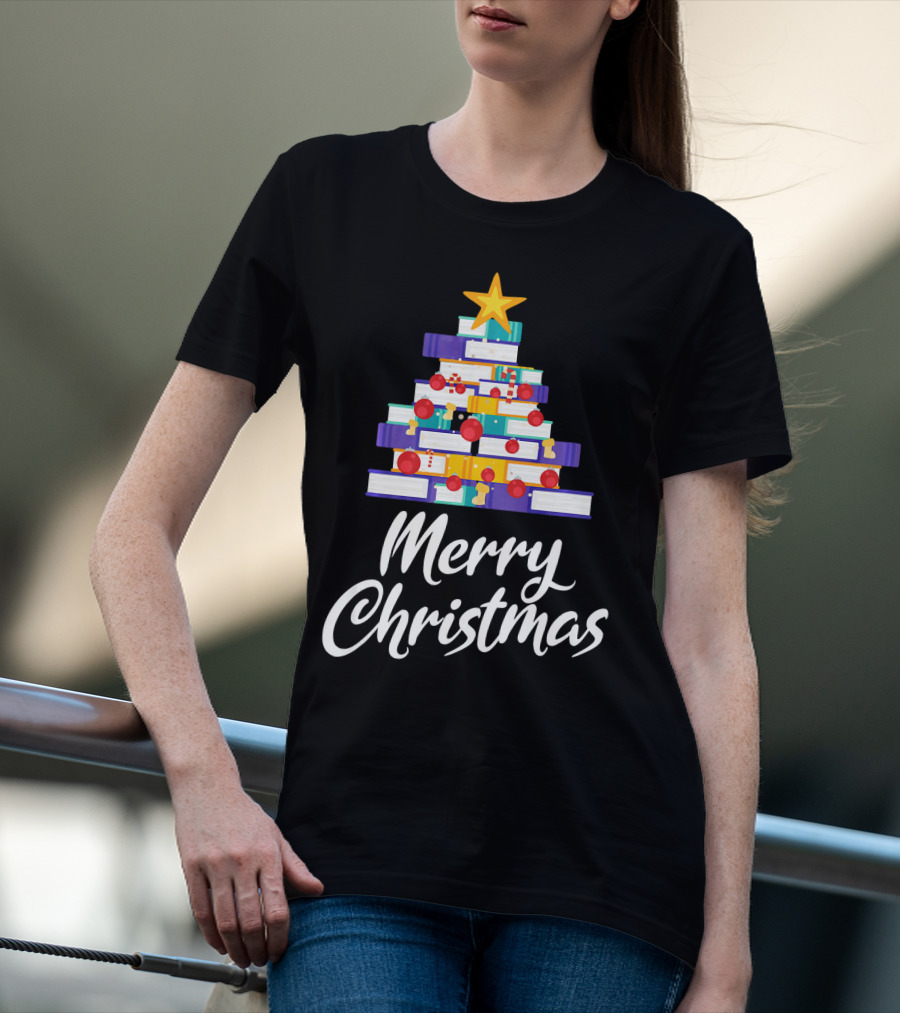 Merry Christmas Tree Stack Of Books Holiday Decor T-Shirt