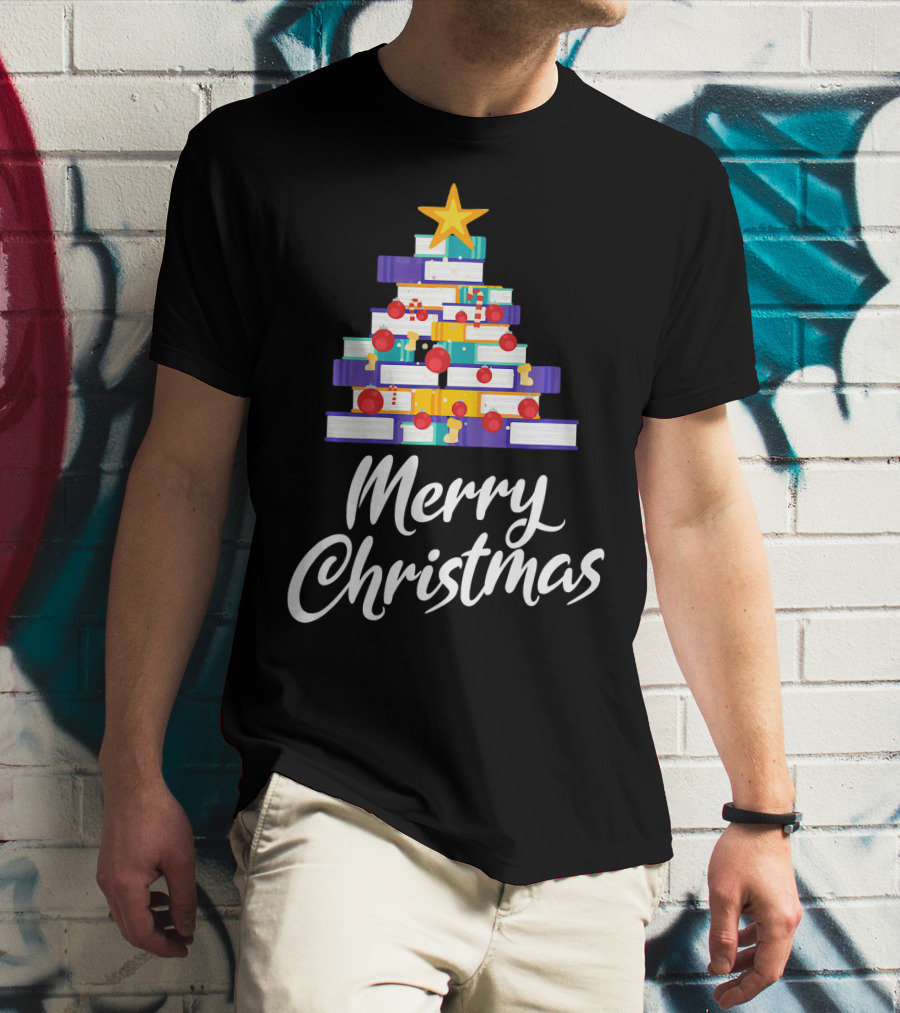 Merry Christmas Tree Stack Of Books Holiday Decor T-Shirt