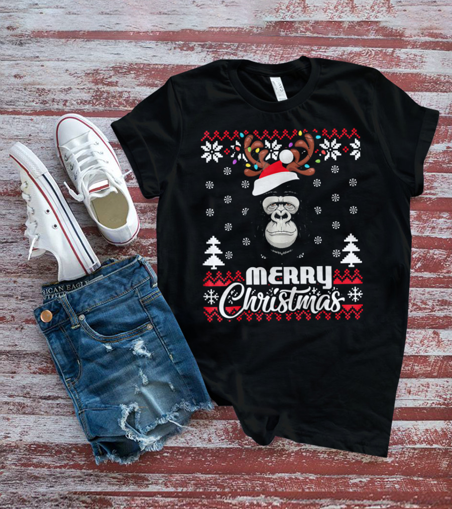 Gorilla Santa Hat Antler Merry Christmas UglySt T-Shirt
