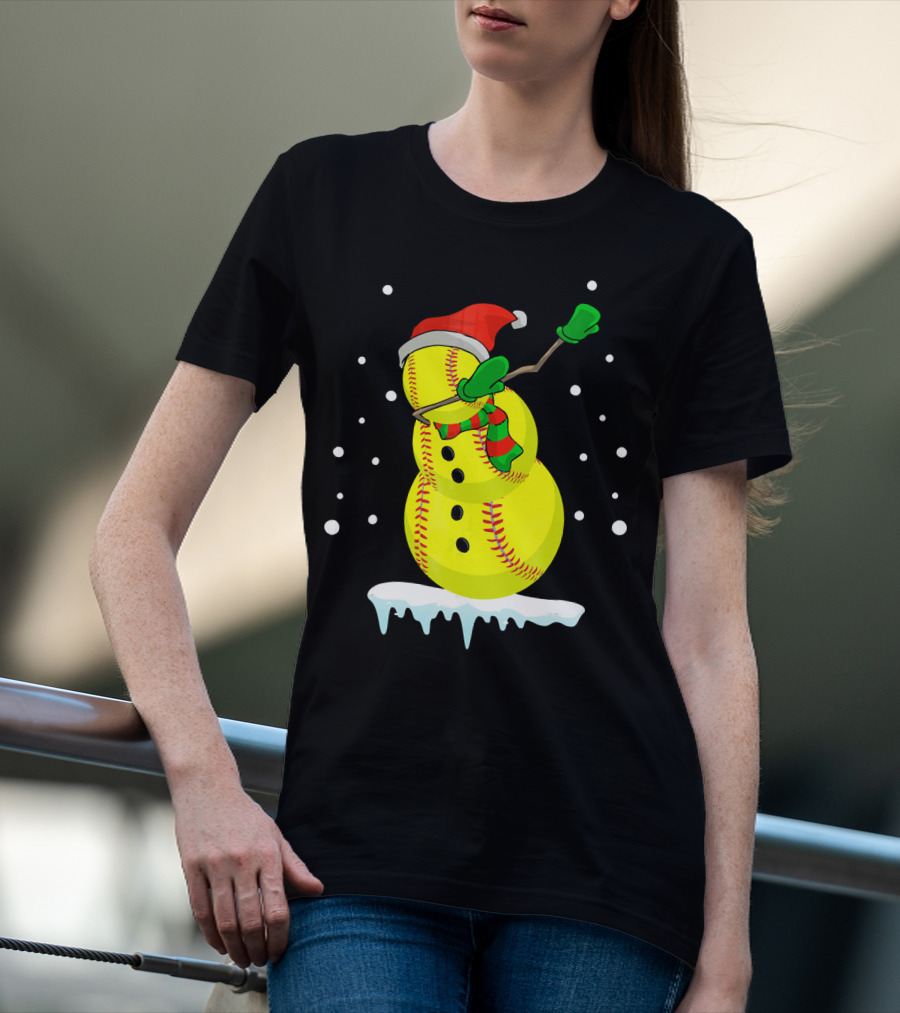 Dabbing Snowman Softball Christmas Fun T-Shirt