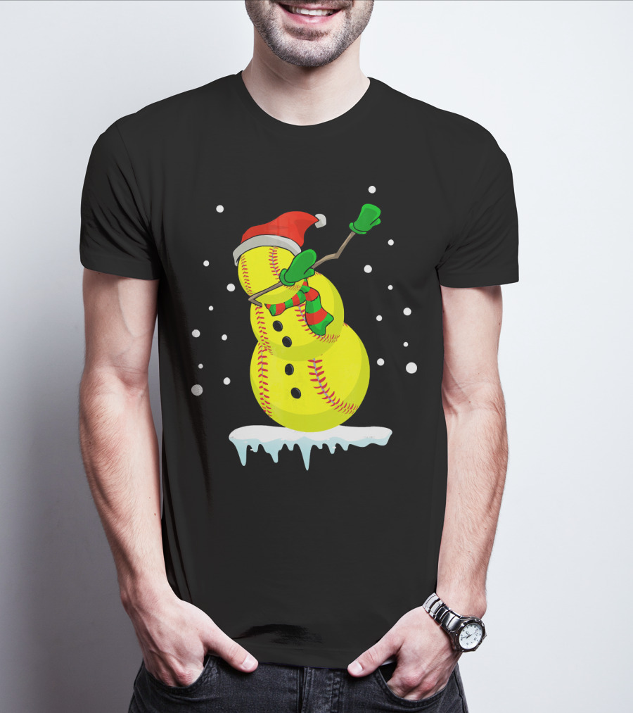Dabbing Snowman Softball Christmas Fun T-Shirt