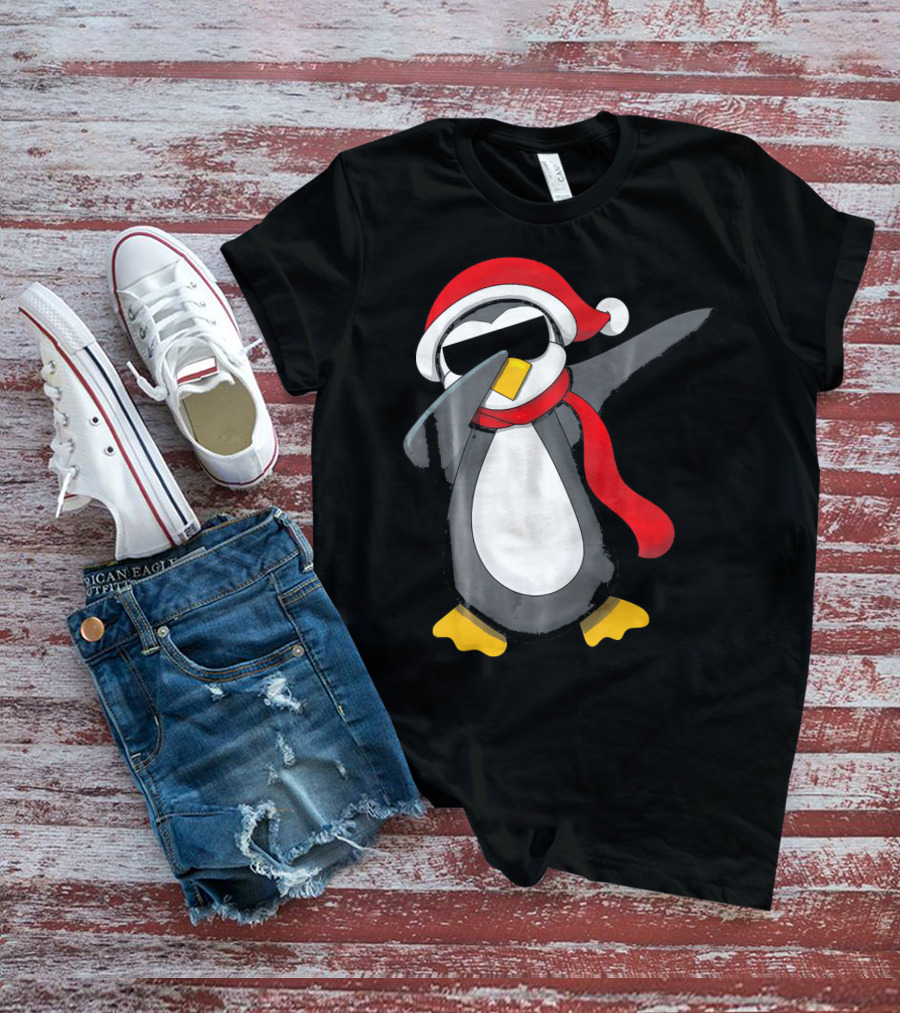 Dabbing Penguin Christmas Mornin Santa Hat Scarf Holiday Fun T-Shirt