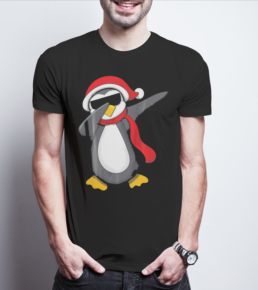 Dabbing Penguin Christmas Mornin Santa Hat Scarf Holiday Fun T-Shirt