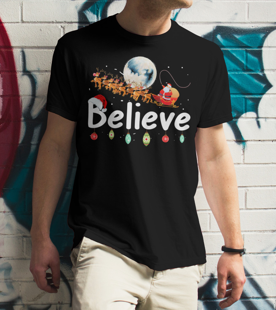 Believe Santa Sleigh Reindeer Moon Christmas Xmas T-Shirt