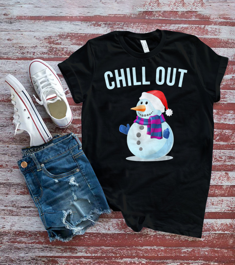 Chill Out Snowman Santa Hat And Scarf Winter Vibes T-Shirt