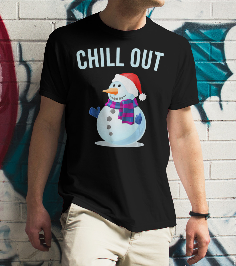Chill Out Snowman Santa Hat And Scarf Winter Vibes T-Shirt