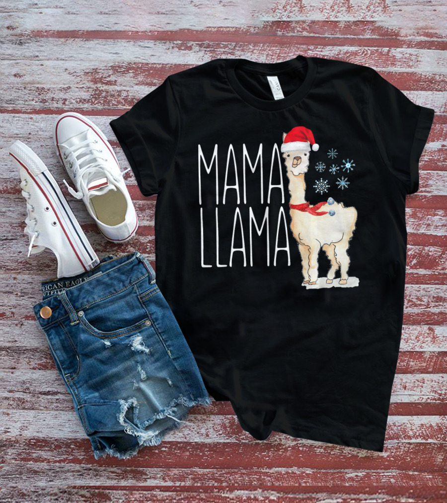 Mama Llama Christmas Snowflakes Santa Hat T-Shirt