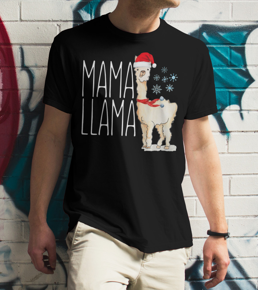 Mama Llama Christmas Snowflakes Santa Hat T-Shirt