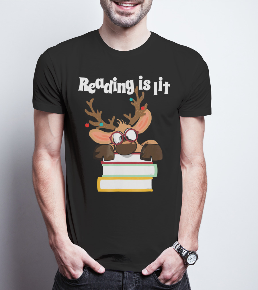 Reading Is Lit Reindeer With Books And Glasses T-Shirt