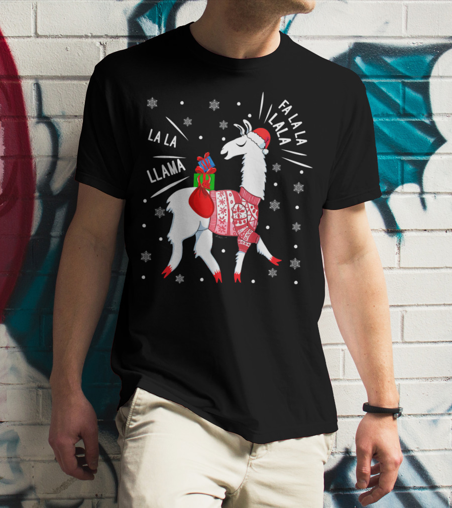 Fa La La Fa La La La La Llama Christmas Santa Hat Sweater Snowflakes T-Shirt