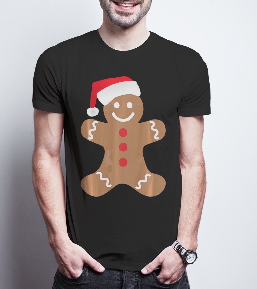 Gingerbread Man With Santa Hat Christmas T-Shirt