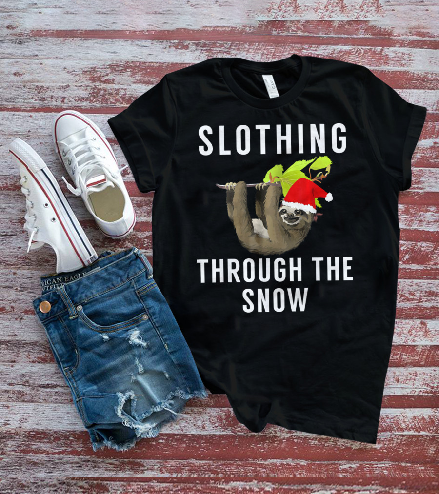 Sloth Wearing Santa Hat Hanging On Branch With Slothing Through The Snow T-Shirt