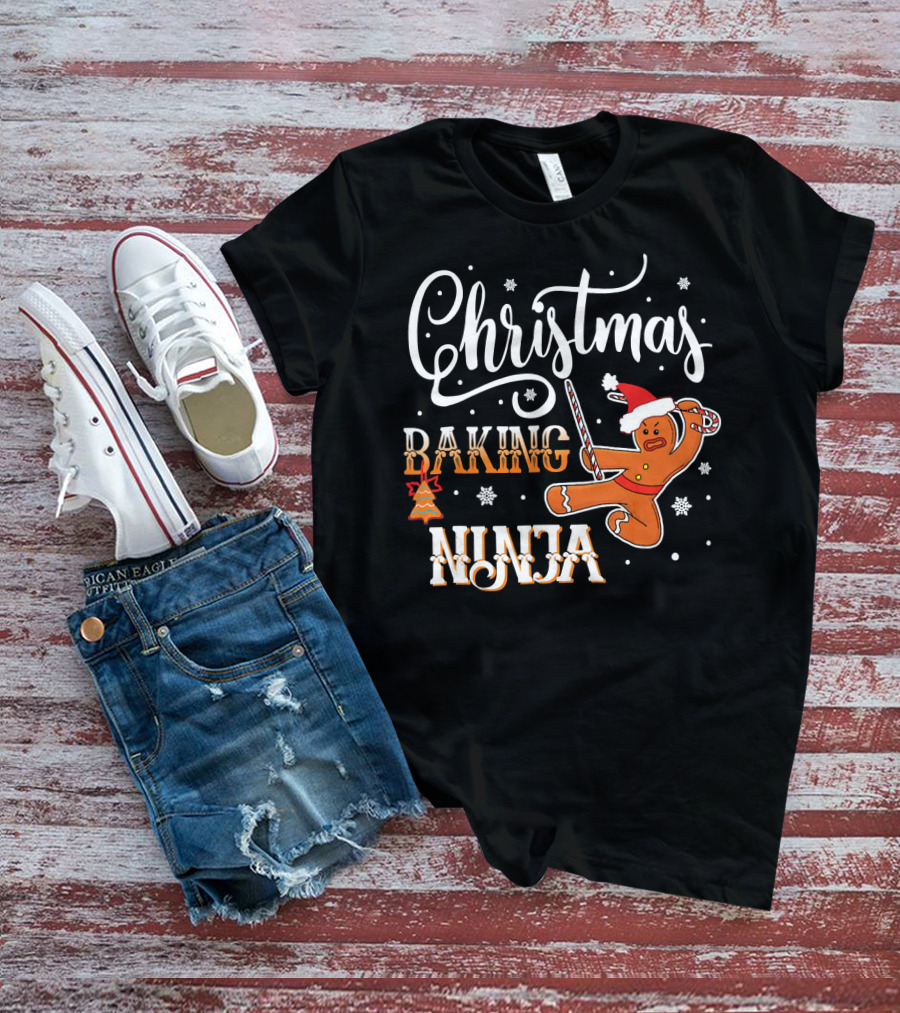 Christmas Baking Ninja Gingerbread With Santa Hat And Candy Cane T-Shirt