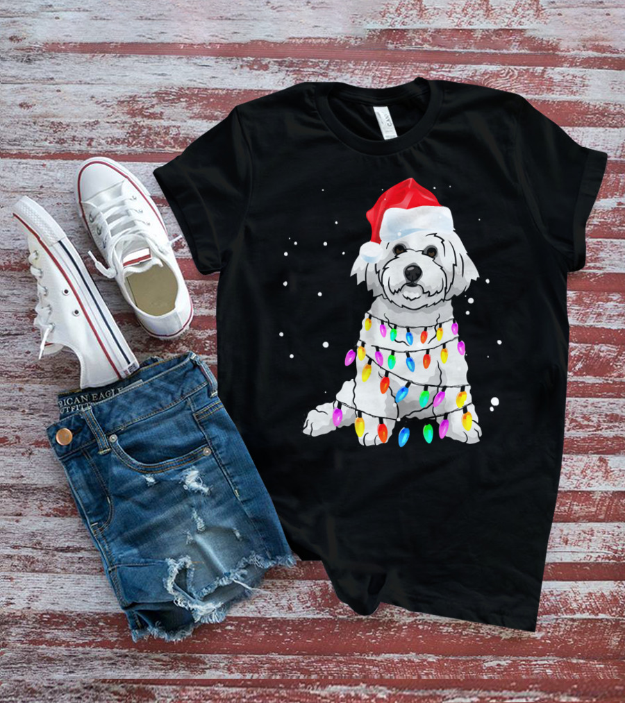 Bichon Frise With Christmas Lights And Santa Hat T-Shirt