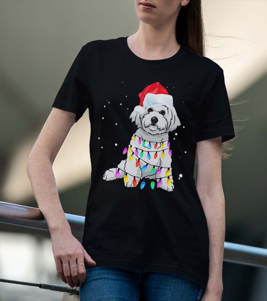 Bichon Frise With Christmas Lights And Santa Hat T-Shirt