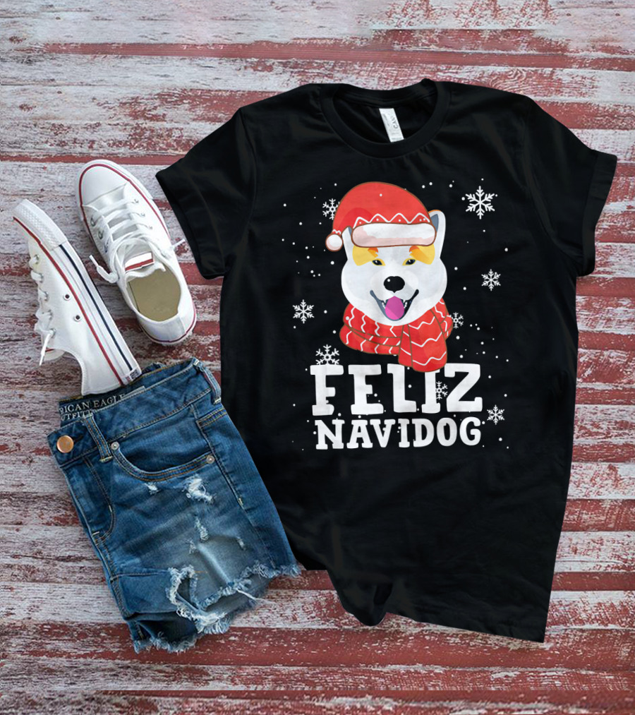 Feliz Navidog Shiba Inu Santa Hat Snowflakes T-Shirt