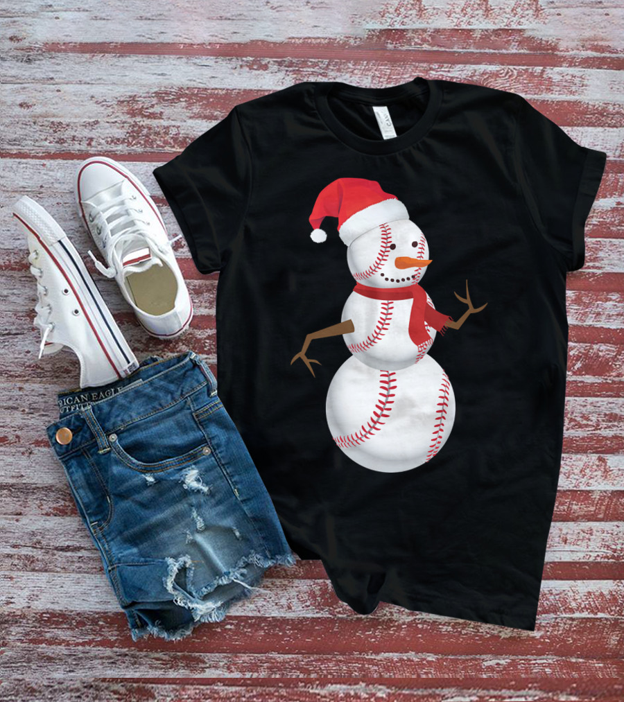 Snowman Made Of Baseballs With Santa Hat And Scarf T-Shirt