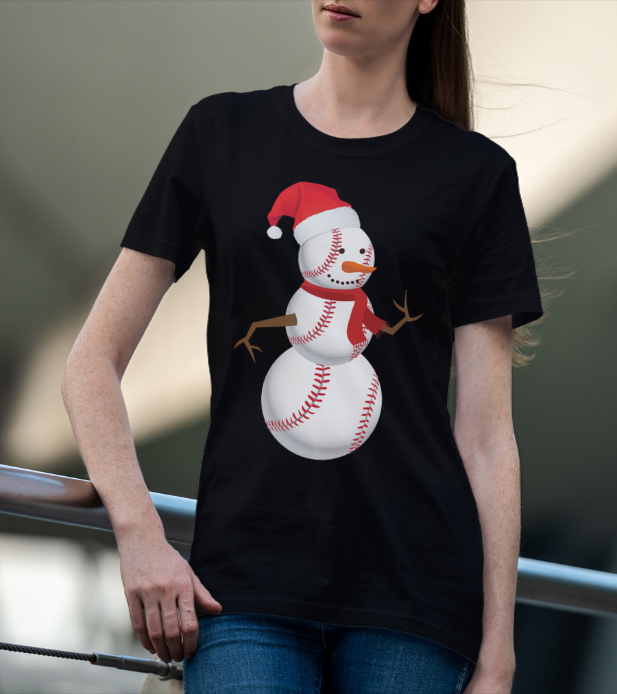 Snowman Made Of Baseballs With Santa Hat And Scarf T-Shirt