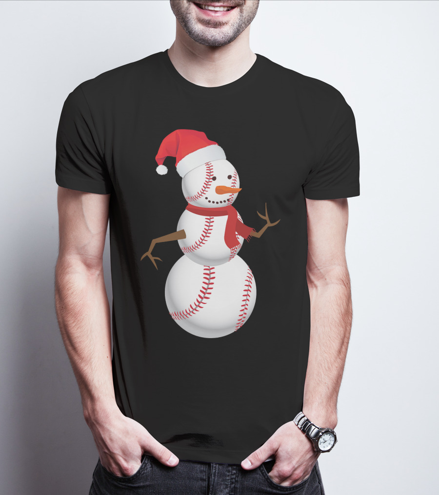 Snowman Made Of Baseballs With Santa Hat And Scarf T-Shirt