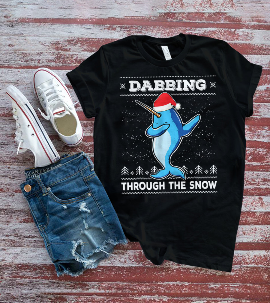 Dabbing Through The Snow Narwhal With Santa Hat T-Shirt