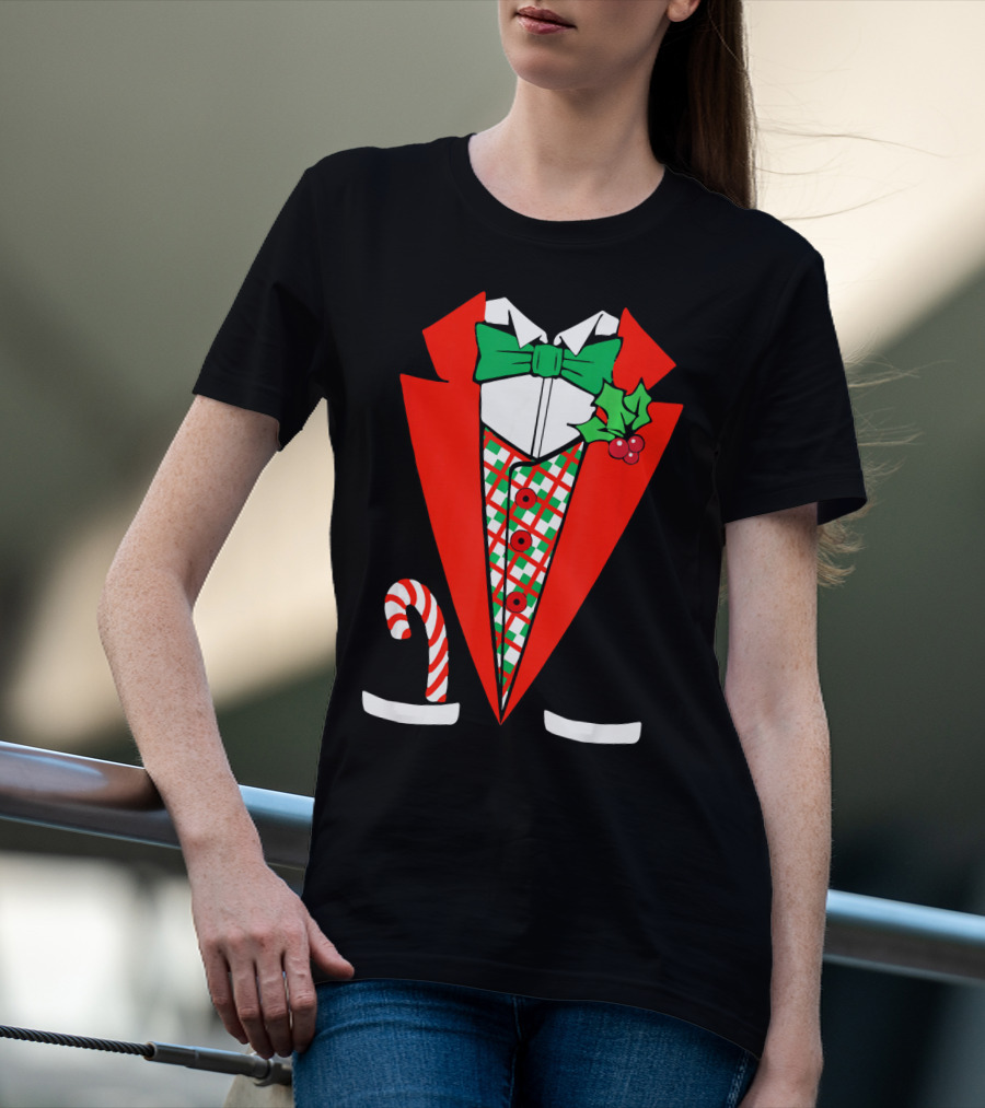 Candy Cane Green Red Tuxedo With Holly Bow Tie T-Shirt