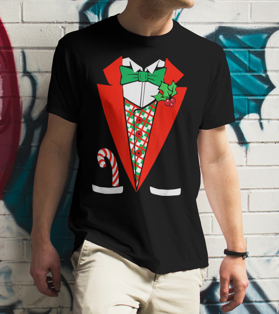 Candy Cane Green Red Tuxedo With Holly Bow Tie T-Shirt