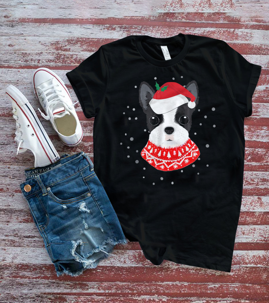 Boston Terrier In Santa Claus Hat With Festive Sweater And Snowflakes T-Shirt