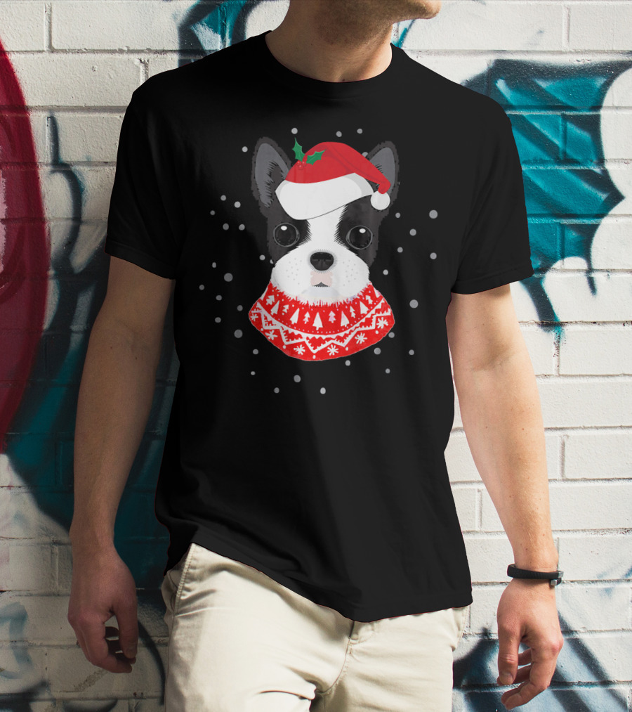 Boston Terrier In Santa Claus Hat With Festive Sweater And Snowflakes T-Shirt