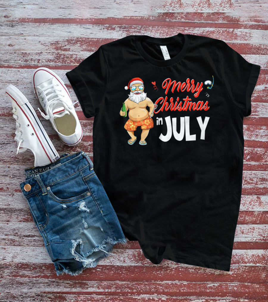 Merry Christmas In July Santa Claus Summer Beach Vibes T-Shirt