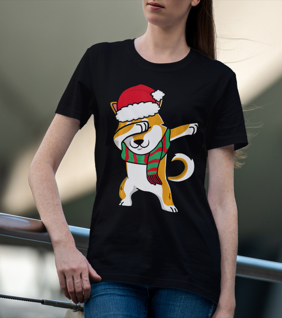 Dabbing Shiba Dog Christmas Santa Hat Scarf T-Shirt