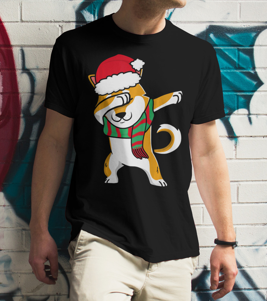 Dabbing Shiba Dog Christmas Santa Hat Scarf T-Shirt