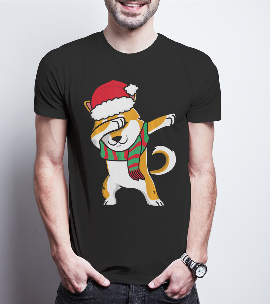 Dabbing Shiba Dog Christmas Santa Hat Scarf T-Shirt