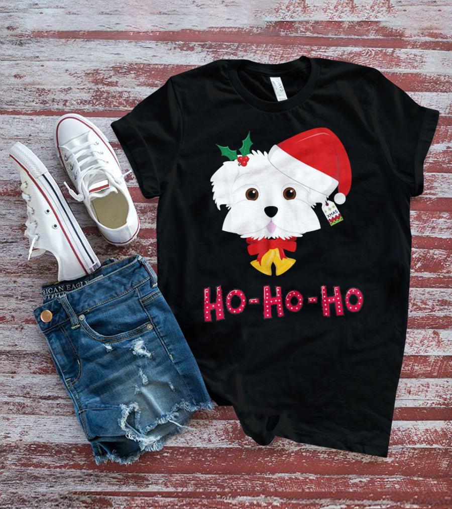 Maltese Dog In Santa Hat With Holly And Ho-Ho-Ho Text T-Shirt