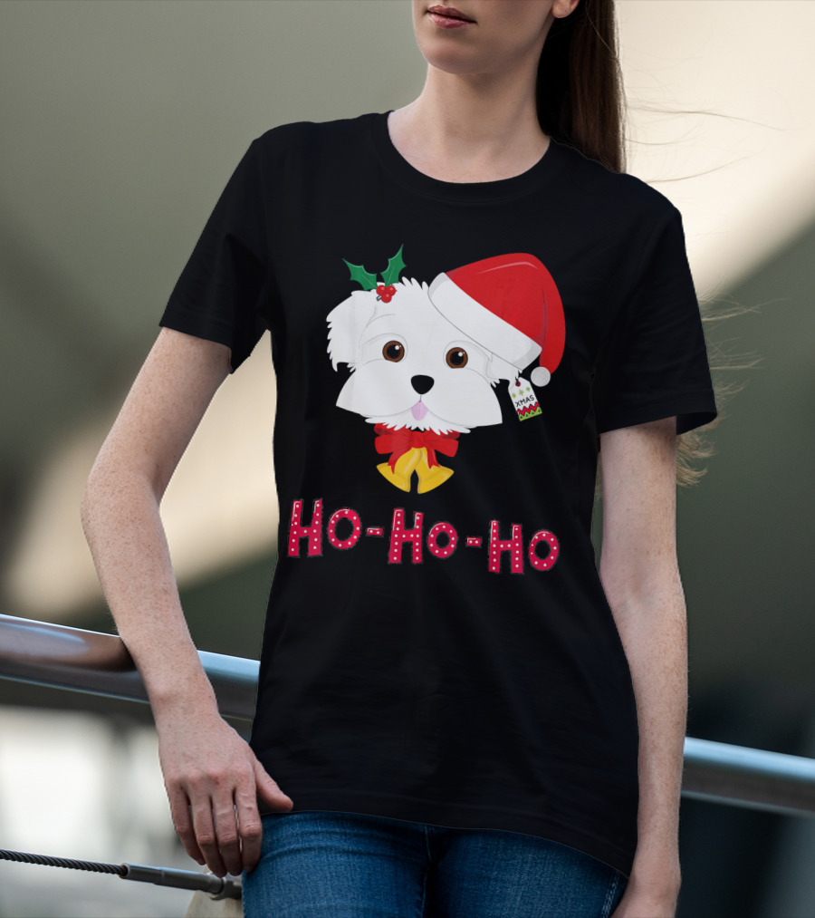 Maltese Dog In Santa Hat With Holly And Ho-Ho-Ho Text T-Shirt
