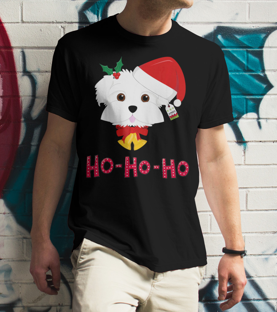 Maltese Dog In Santa Hat With Holly And Ho-Ho-Ho Text T-Shirt