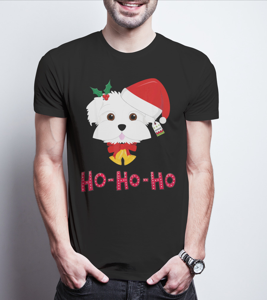 Maltese Dog In Santa Hat With Holly And Ho-Ho-Ho Text T-Shirt