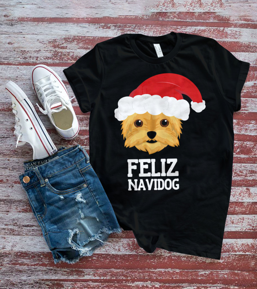 Feliz Navidog Merry Christmas Yorksh Dog Santa Hat T-Shirt