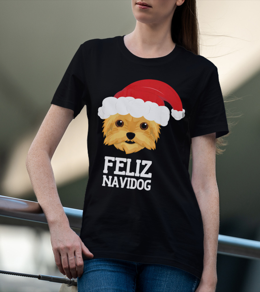 Feliz Navidog Merry Christmas Yorksh Dog Santa Hat T-Shirt