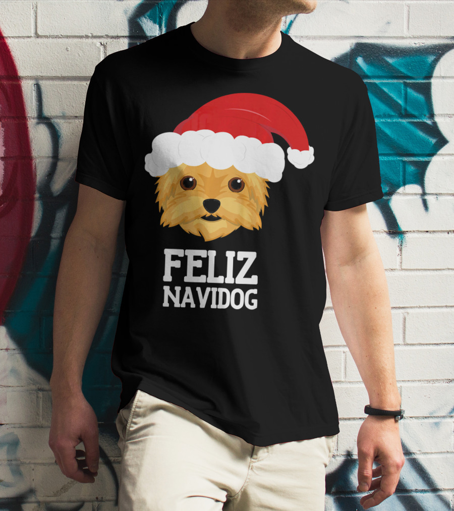 Feliz Navidog Merry Christmas Yorksh Dog Santa Hat T-Shirt