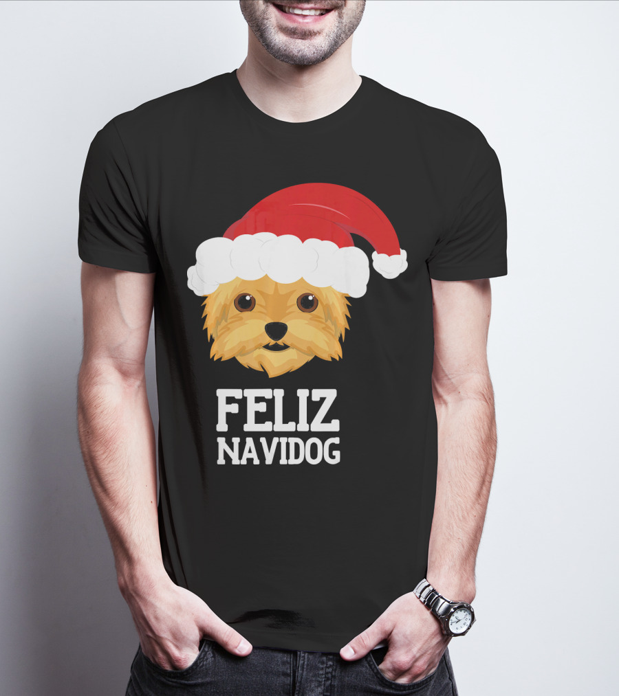 Feliz Navidog Merry Christmas Yorksh Dog Santa Hat T-Shirt