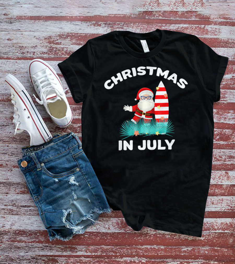 Christmas In July Santa Surfing With Hawaiian Flair T-Shirt