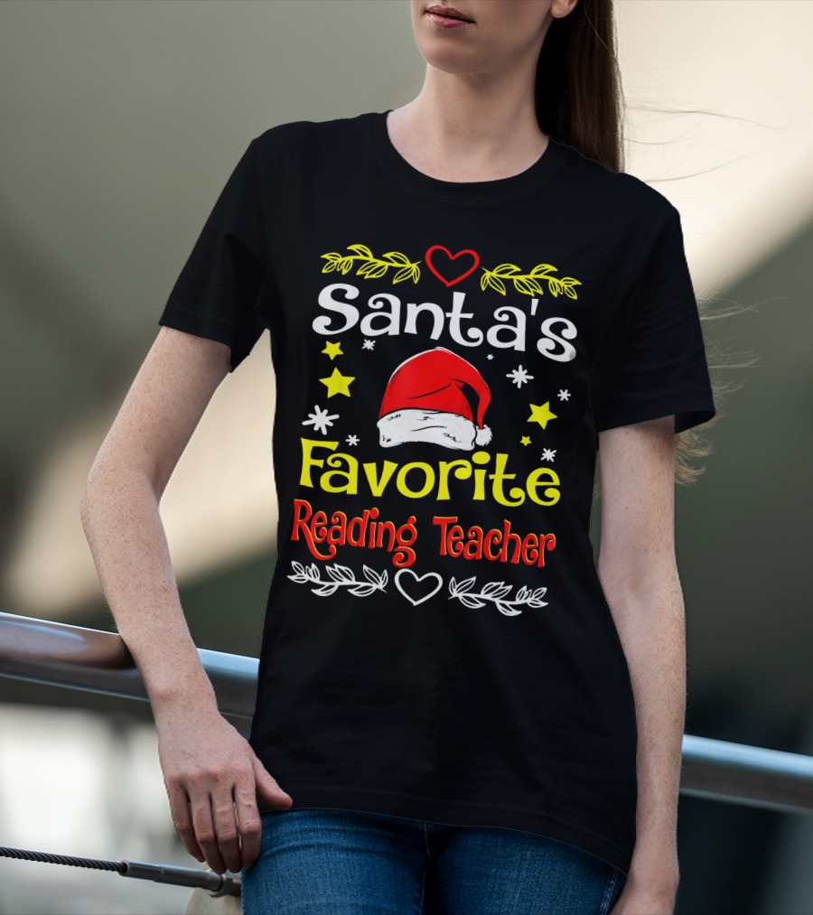 Santa's Favorite Reading Teacher Christmas Hat And Stars T-Shirt
