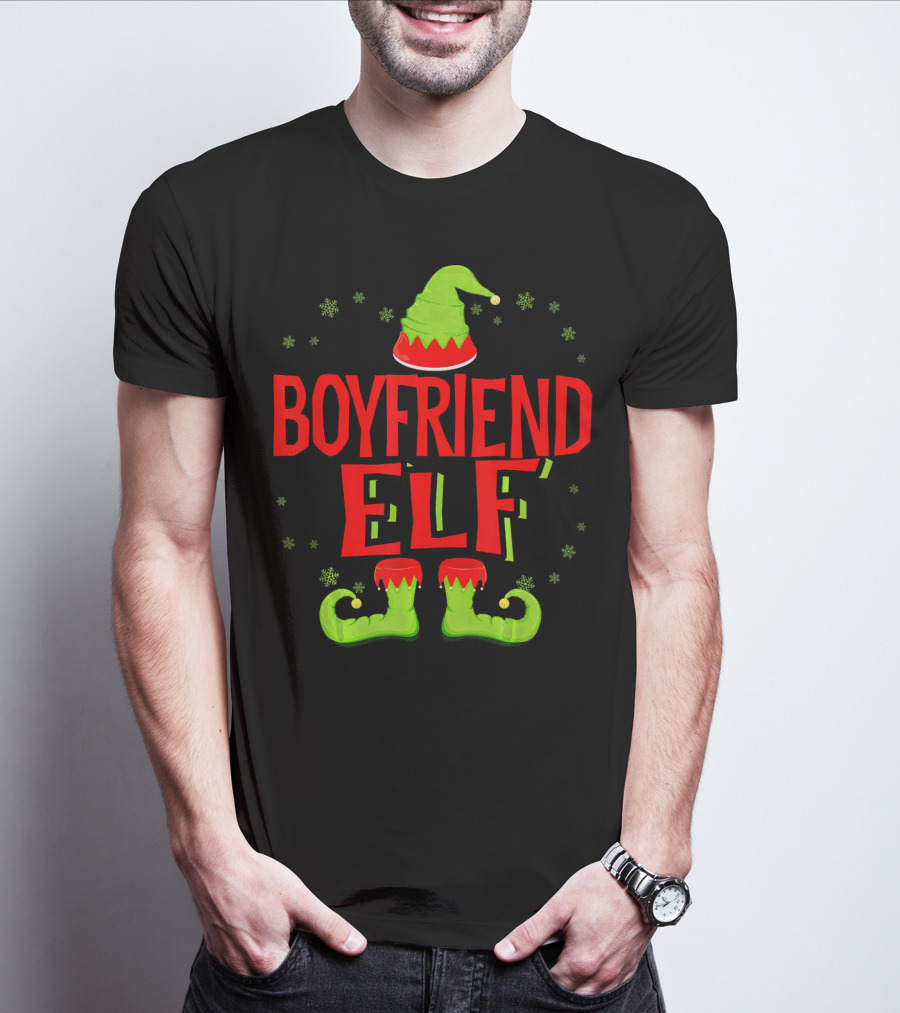 BOYFRIEND ELF Christmas Hat Boots Snowflakes T-Shirt