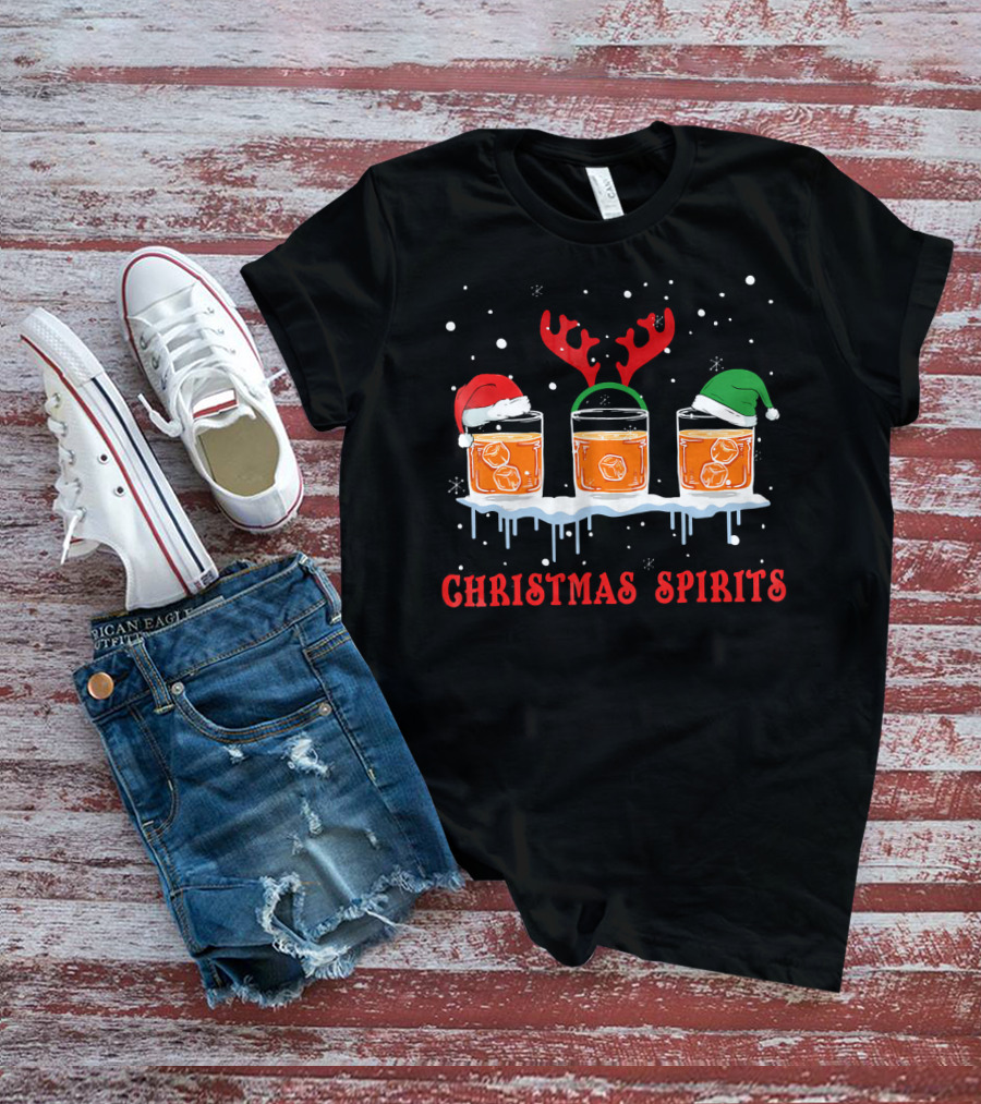 Christmas Spirits Bourbon Scotch Whiskey Santa Hat Reindeer Antlers Elf Hat T-Shirt